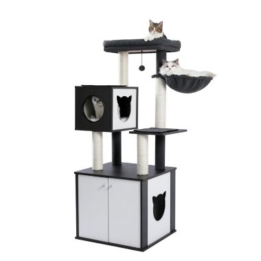 Inq Boutique All-in-One Multi-Functional Cat Tree Modern Wood Cat Tower with Cat Washroom Litter Box House, Cat Condo, Top Perch, Large Hammock and Scratching Post Black. View a larger version of this product image.