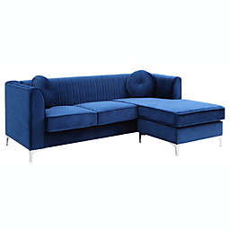 Passion Furniture Delray 87 in. Navy Blue Velvet L-Shape 3-Seater Sectional Sofa with 2-Throw Pillow