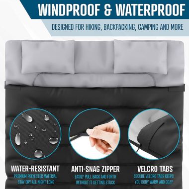 Zone Tech Double Camping Sleeping Bag with 2 Pillows - 3-4 Season Lightweight Waterproof Warm & Cool Weather Adult & Kids Sleeping Bag Converts into 2 Single -Camping, Hiking, & Outdoors 2 Pack. View a larger version of this product image.