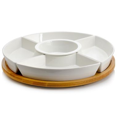 Elama Signature 12 1/4 Inch 6-Piece Lazy Susan Appetizer and Condiment Server Set with 5 Serving Dishes and a Bamboo Lazy Suzan Serving Tray. View a larger version of this product image.