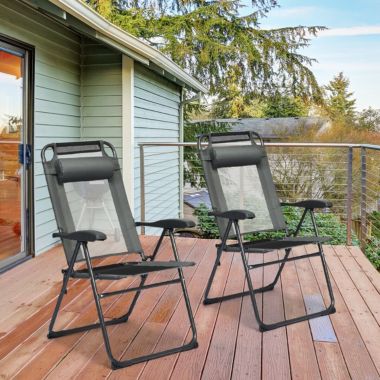 Gymax 2PC Folding Chairs Adjustable Reclining Chairs with Headrest Patio Garden Grey. View a larger version of this product image.