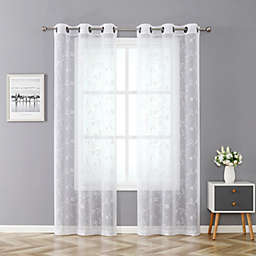 Kate Aurora 2 Piece Scroll Floral Embroidered Sheer Voile Grommet Top Window Curtains - White