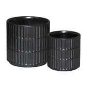 Urban Trends Collection Ceramic Cylindrical Pot with Wide Mouth and Engraved Rectangle Design Body Set of Two Matte Finish Black