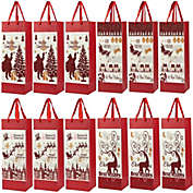 Juvale Christmas Wine Bags with Satin Handles, Paper Tote (4 x 5 x 13.5 In, 12 Pack)