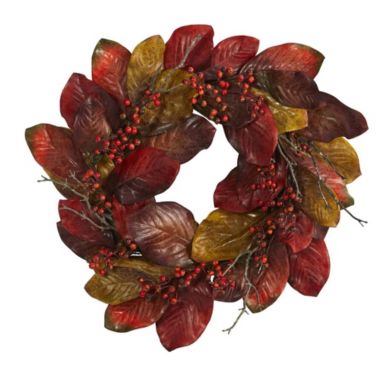 Nearly Natural 24" Harvest Magnolia Leaf and Berries Artificial Wreath. View a larger version of this product image.