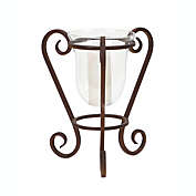 Melrose 12.5" Antiqued Brown Metal and Glass Scrolled Base Hurricane Pillar Candle Holder