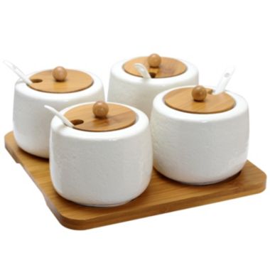 Elama Ceramic Spice, Jam and Salsa Jars with Bamboo Lids & Serving Spoons. View a larger version of this product image.
