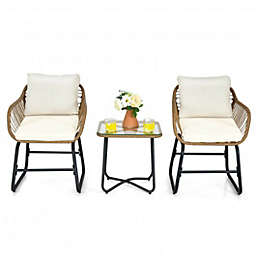Costway 3-Piece Patio Bistro Set with 2 Rattan Chairs and Square Glass Coffee Table-White