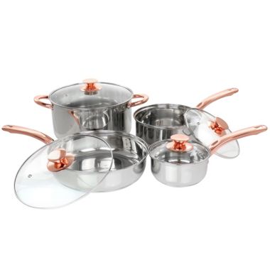 Gibson Home Ansonville 8 Piece Stainless Steel Cookware Set with Rose Gold Handles. View a larger version of this product image.