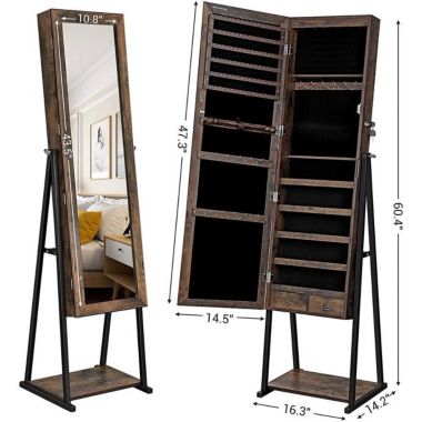 Songmics 6 Le Ds Industrial Mirrored Jewelry Cabinet Armoire Rustic Brown. View a larger version of this product image.