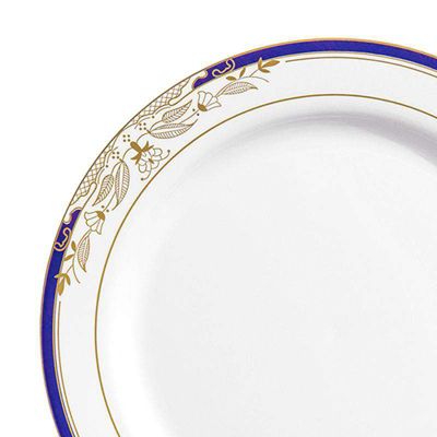 Smarty Had A Party 10.25" White with Blue and Gold Harmony Rim Plastic Dinner Plates (120 Plates)