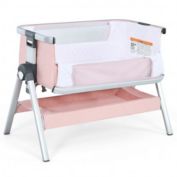 Costway Baby Bassinet Bedside Sleeper with Storage Basket and Wheel for Newborn-Pink