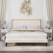Homfa King Size Adjustable Headboard with Gold Striped Platform Bed Frame White