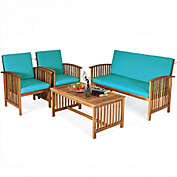 Costway 4PCS Patio Solid Wood Furniture Set-Blue