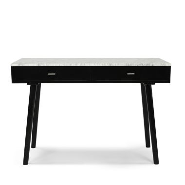 The Bianco Collection Viola 44" Rectangular Italian Carrara White Marble Writing Desk with Black Legs. View a larger version of this product image.