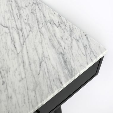 The Bianco Collection Viola 44" Rectangular Italian Carrara White Marble Writing Desk with Black Legs. View a larger version of this product image.
