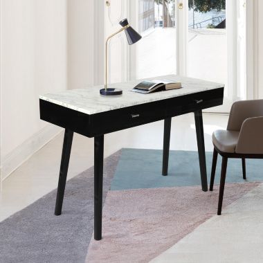 The Bianco Collection Viola 44" Rectangular Italian Carrara White Marble Writing Desk with Black Legs. View a larger version of this product image.