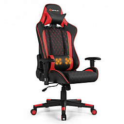 Costway Massage Gaming Chair with Lumbar Support and Headrest-Red