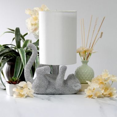 Lalia Home 12.6" Diamond Studded Rhinestone Look Kitty Cat Feline Kids Desk Nightstand Table Lamp With Faux Silk Fabric Shade, Silver. View a larger version of this product image.