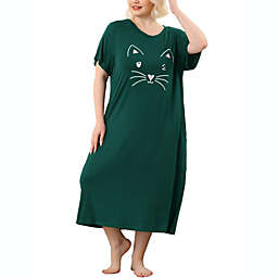 Agnes Orinda Women's Plus Size Nightgown Pajamas Pockets Soft Comfy Cute Cat Sleepwear Nightgowns, Leisure Rayon Sleep Dress Round Neck Slit Pocket Midi Nightdress with Cat Print, 2X Dark Green