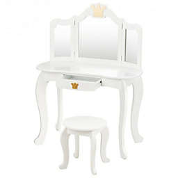 Costway Kids Makeup Dressing Table with Tri-folding Mirror and Stool-White