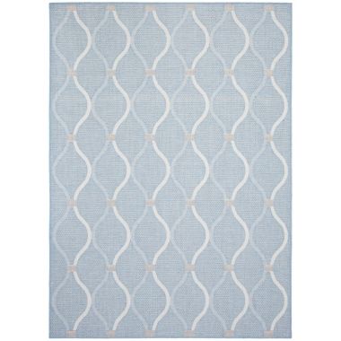 Chaudhary Living 6.5' x 9.5' Off White and Blue Abstract Rectangular Outdoor Area Throw Rug. View a larger version of this product image.