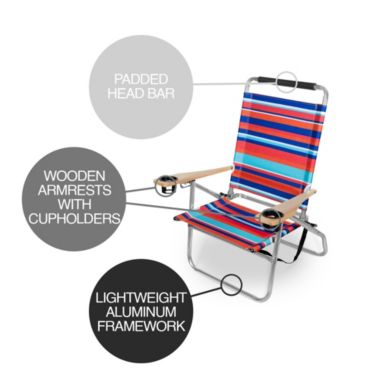 Garden Elements Foldable Reclining Aluminum Beach Chairs With Cupholders and Carrying Strap, Multicolor, Pack of 2. View a larger version of this product image.