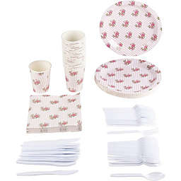 Blue Panda Striped Vintage Floral Party Bundle, Includes Plates, Napkins, Cups, and Cutlery (24 Guests,144 Pieces)
