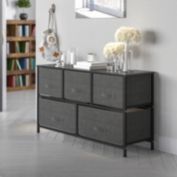 Flash Furniture Harris 5 Drawer Wood Top Black Cast Iron Frame Vertical Storage Dresser with Dark Gray Easy Pull Fabric Drawers