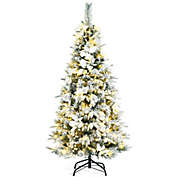 Slickblue Pre-lit Snow Flocked Christmas Tree with Berries and Poinsettia Flowers-5&#39;