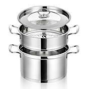 Costway Stainless Steel Steaming Cookware 2-Tier Steamer Pot w/ Glass Lid