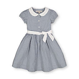 Hope & Henry Girls' Button Front Dress with Collar and Sash (Light Navy Micro Check, 2T)