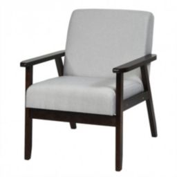 Costway Solid Rubber Wood Fabric Accent Armchair-Light Gray