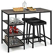Costway 3 Pieces Counter Height Dining Bar Table Set with 2 Stools and 3 Storage Shelves-Black