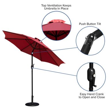 Emma + Oliver Bundled Set - Red 9 FT Round Umbrella & Universal Black Cement Waterproof Base. View a larger version of this product image.