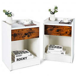 Costway Set of 2 Nightstand with Drawer Cabinet End Side Table Raised Top-White