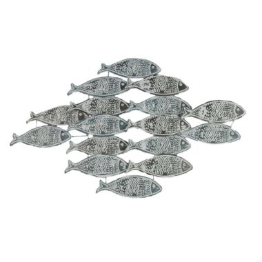 Things2Die4 30 Inch Blue and White Metal School of Fish Coastal Wall Sculpture Nautical Decor Beach Decoration. View a larger version of this product image.