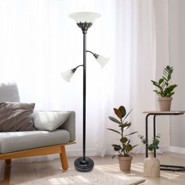Lalia Home Torchiere Floor Lamp with 2 Reading Lights and Scalloped Glass Shades. View a larger version of this product image.