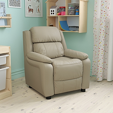 Flash Furniture Charlie Deluxe Padded Contemporary Beige Vinyl Kids Recliner with Storage Arms. View a larger version of this product image.