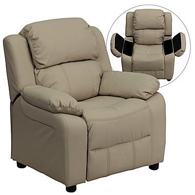 Flash Furniture Deluxe Padded Contemporary Beige Vinyl Kids Recliner With Storage Arms - Beige Vinyl. View a larger version of this product image.