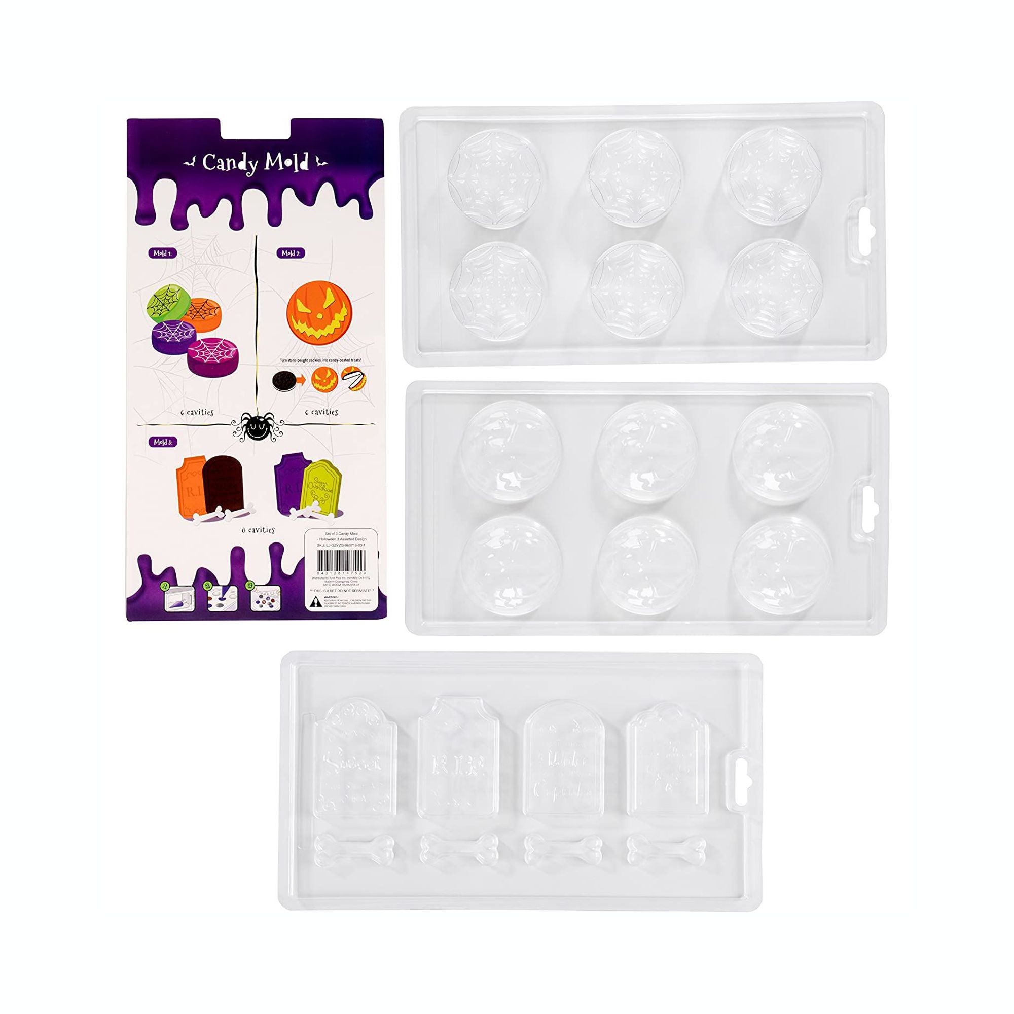 bedbathandbeyond.com | Juvale Halloween Chocolate Candy Molds - 3-Pack Decorating Molds for Halloween Parties, Holiday Theme Molds for Chocolate, Gummy Candy, Jello, Assorted Designs Including Spider Web, Pumpkin, Tombstones