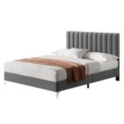 Idealhouse Gray Metal Frame Platform Bed with Velvet Upholstered Headboard