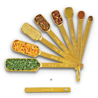 2LB Depot Gold Measuring Spoons - Set of 7 Includes Leveler - Premium Heavy-Duty Stainless Steel, Narrow, Long Handle Design Fits in Spice Jar. View a larger version of this product image.