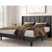 Amolife Queen Size Upholstered Platform Bed Frame with Wingback & Geometric Headboard