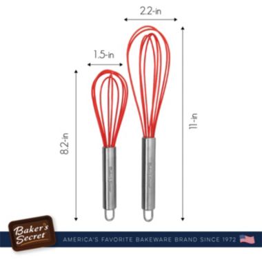 Baker's Secret 2x Whisk, 8" & 10", Set of 2 Whiskes, Heat Resistant, Kitchen Essentials, Silicone, Red. View a larger version of this product image.