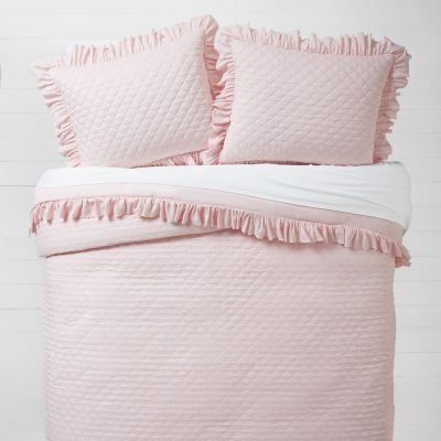 Blush Pink Ruffle Frill Cotton Blend Quilt Duvet Cover Bedding Set All Sizes
