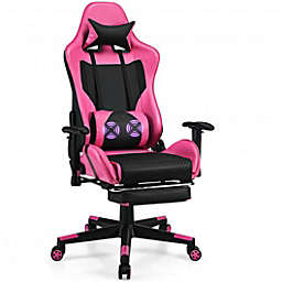 Costway PU Leather Gaming Chair with USB Massage Lumbar Pillow and Footrest -Pink