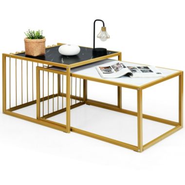 Gymax Modern Nesting Coffee Table Marble-Top Side Snack Table Set w/ Gold Metal Frame. View a larger version of this product image.