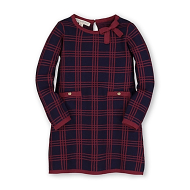 Hope & Henry Girls&#39; Bow Detail Sweater Dress (Navy and Berry Plaid, 12-18 Months). View a larger version of this product image.