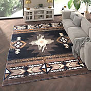 Emma and Oliver Santa Fe 8x10 Black Olefin Accent Rug with Complementary Southwestern Pattern in Beige, Black and Brown and Jute Backing